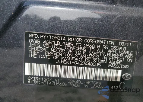 2011 Lexus Es 350 from USA, damaged, VIN JTHBK1EG4B2448035